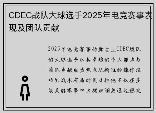 CDEC战队大球选手2025年电竞赛事表现及团队贡献